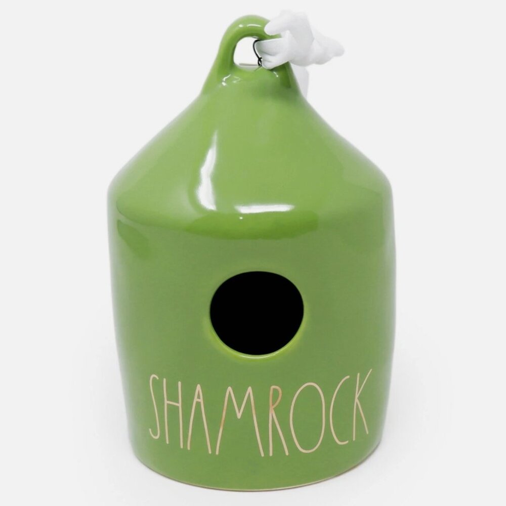 RAE DUNN Ceramic Green Birdhouse Gold Shamrock and Cloverleaf LL DoubleSided EUC